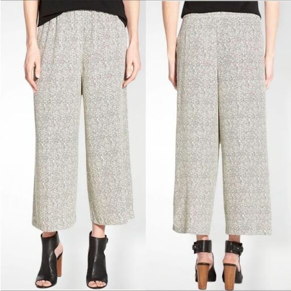 Eileen Fisher Women Creme Black Tencel Viscose Wide Leg Crop Pants Sz M